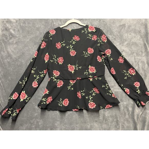 Divided H&M Blouse Woman’s Sz 2 Black Floral Whimsy Goth Romantic Peplum Babydol - Picture 9 of 9